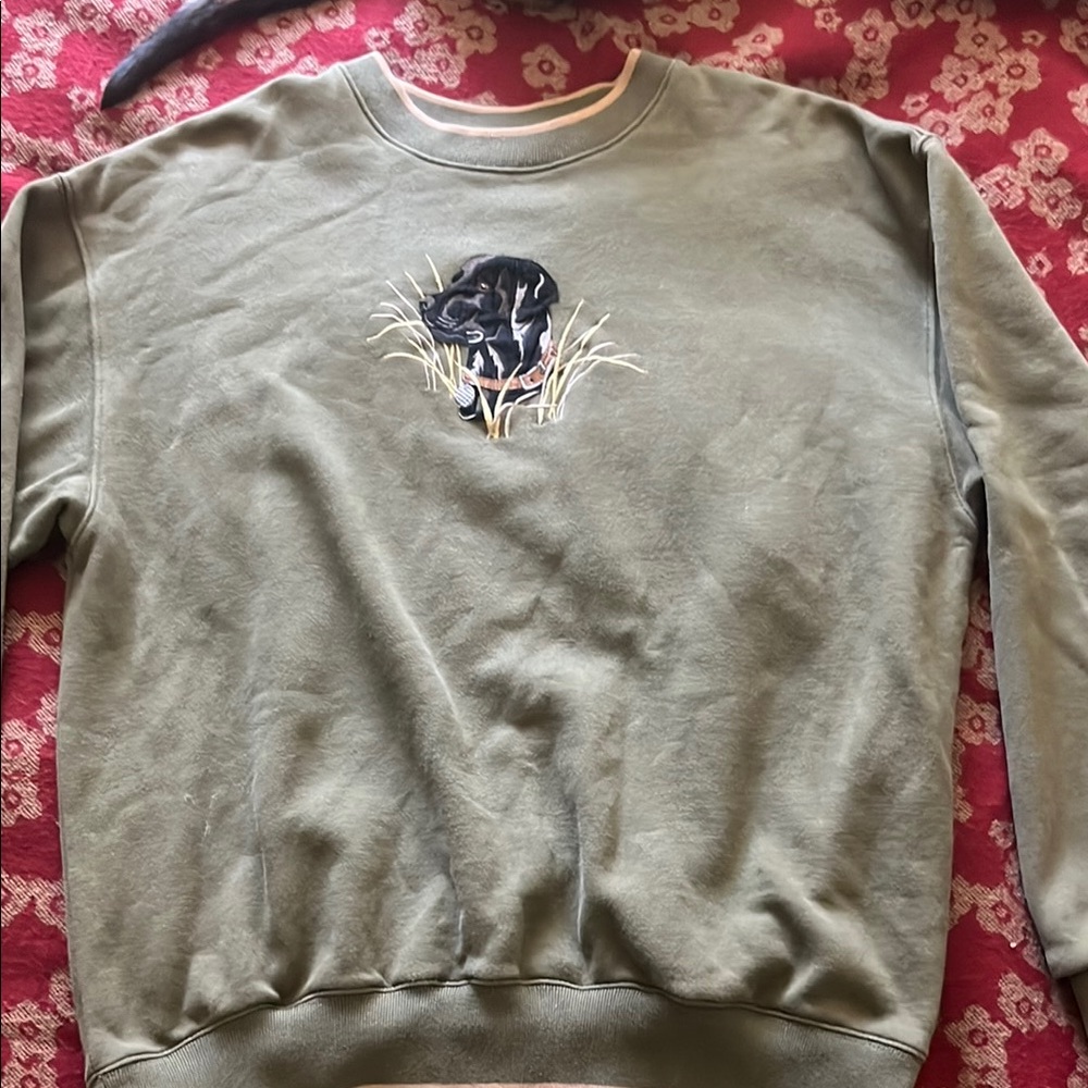 Olive Green Embroidered Vintage Art Dog crewneck sweater